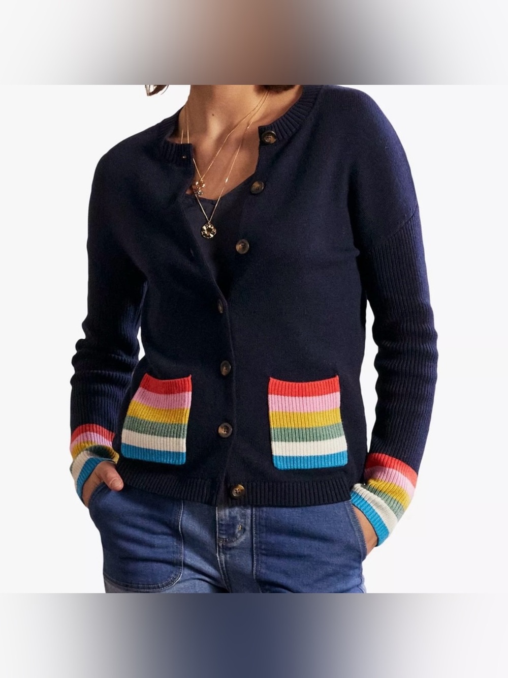 Boden Navy Cardigan with Multicolor Rainbow Trim